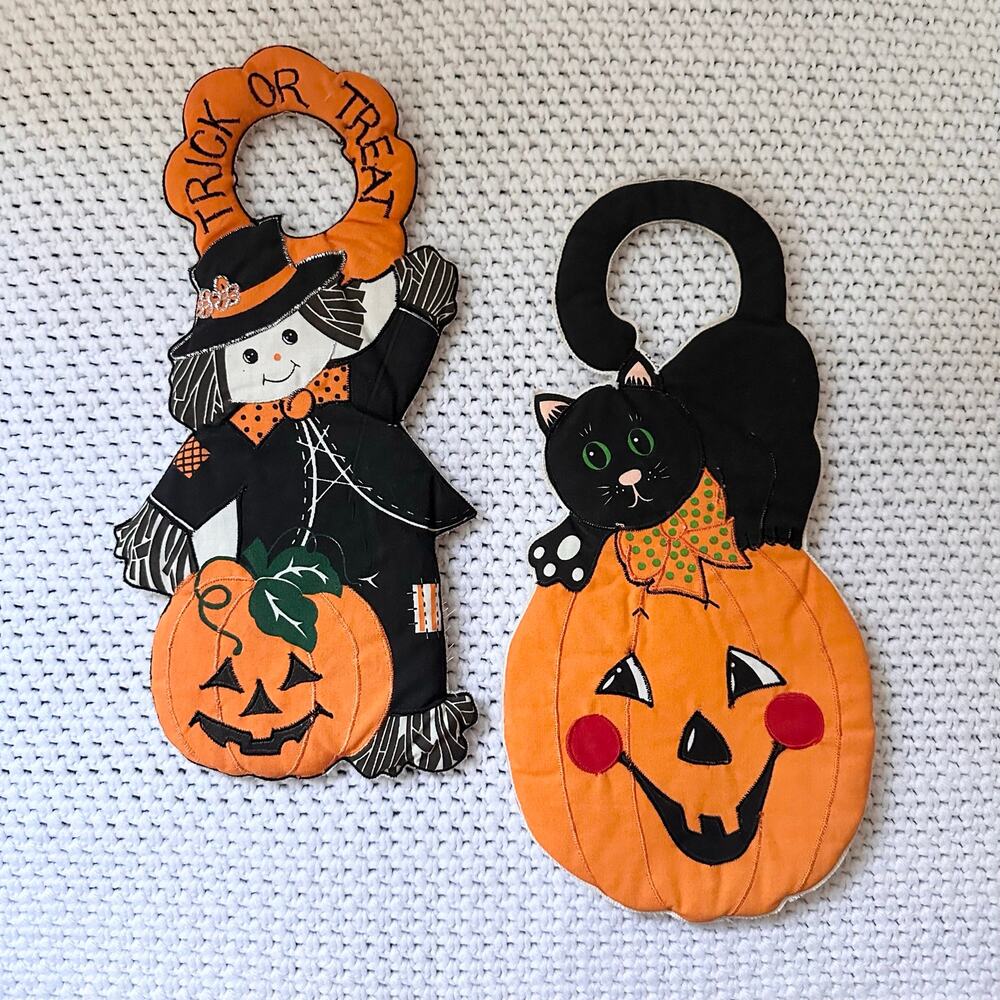 Vintage Liss Bros Halloween Set 2 Quilted Door Knob Hangers Witch Black Cat